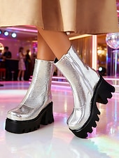 baratos Estilo Disco &amp; Hippie dos anos 70-Botas femininas prateadas metalizadas com plataforma, salto grosso e zíper - estilo disco dos anos 80, calçado moderno para festas e eventos de dança.