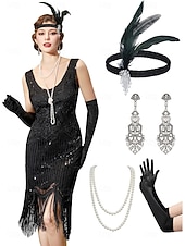 preiswerte 1920er Kleider-Set Goldene Zwanziger 1920er Knielang Kleid Flapper Kleid Outfits mit Zubehör Ärmellos Der große Gatsby Charleston Pailletten Quastenfransen Feder V Ausschnitt Kostüm Damen Karneval Neujahr Maskerade