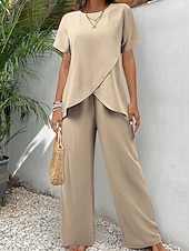 Недорогие Женские блузки-костюмы-Жен. Футболка Комплекты брюк Болеро Топ С короткими рукавами Вырез под горло Круглый вырез Сплошной цвет Мода Уличный стиль Повседневные на открытом воздухе Отпуск Красный Темно синий Зеленый Лето