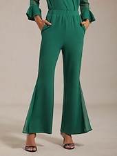 levne dámské kalhoty-Dámské kalhoty, strečová tkanina, šifon, průsvitné panely, rozšířené nohavice, elastický pas, elegantní, pohodlné, do práce, podzim