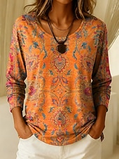 baratos T-shirt Boho-Mulheres Camiseta Imprimir Gráfico Geometria Vintage à moda Casual Manga Longa Gola Redonda Tops regulares Diário Final de semana Laranja Verde Outono Inverno