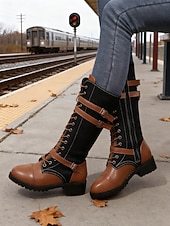 halpa Maihinnousukengät-naisten nauhalliset polvipituiset saappaat - ruskeat keinonahkaiset maiharit soljilla, vintage-ratsastustyyliset jalkineet syksyyn ja talveen