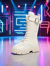 tanie Kozaki dziecięce-Buty dla dzieci w stylu koreańskiej gwiazdy popu inspirowane idolką - białe skórzane buty bojowe z paskiem na klamrę, idealne na występy, imprezy i do modnych stylizacji