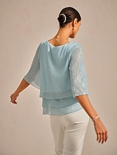  Damen Bluse Elegante Oberteile Chiffon Tops Spitzentops Plissiert Glitzer Elegant Rundhalsausschnitt Normale Oberteile Hochzeitsgast Ausgehen Leicht Blau Frühling Herbst