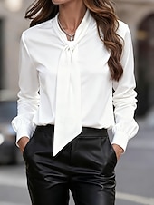 abordables Blouses Élégantes-Femmes Chemise Elegant Habillé Haut en satin Froncé À lacets Boutons Couleur Unie Uni Élégant ancien Dames manche longue Col Croisé Hauts Réguliers Quotidien Travail Fête Blanche Automne Hiver