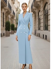 cheap Tuxedo Dresses-Women's Tuxedo Dress Sheath Formal Crepe Elegant Simple Long Sleeve 3/4 Sleeve Pleated Floor Length Peaked Lapel V Neck Double Breasted