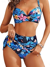 Χαμηλού Κόστους Σετ μπικίνι-Γυναικείο μπικίνι 2 τεμαχίων μαγιό ρυχιές με φούστα palm skirt slim ανοιχτή πλάτη διακοπές παραλία φλοράλ V λαιμό αμάνικο μαγιό