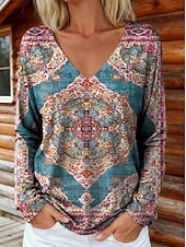 billige Boho t-skjorte-Dame Boho T-skjorte Grafikk Planter Tribal Vintage Stilfull Klassisk Langermet V-hals Vanlige Topper Daglig Trykk Blå Lys Grønn Vin Marineblå Fuchsia Vår Høst Vinter