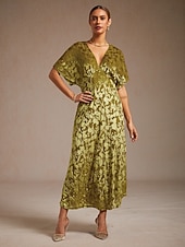 voordelige Bloemenjurk-dames maxi-jurk a-lijn jurk fluweel elegant feest bruiloft gast bloemen blad halve mouw v-hals smaragdgroen lente herfst winter