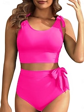 abordables Conjuntos de bikini-Bikini de mujer de 2 piezas bragas delgadas espalda descubierta ropa de playa de vacaciones trajes de baño en color sólido de cuello U sin mangas