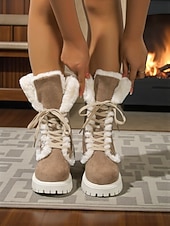abordables Bottes de neige et d'hiver-Bottes d'hiver à lacets doublées de fausse fourrure pour femmes - bottes de neige chaudes en daim avec semelle antidérapante pour temps froid et activités de plein air