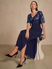  Damen Maxikleid Kleider mit Empire-Taille Elegant Flattrige Ärmel Abendgesellschaft Pailletten Spitze Netz Normale Passform Blumen Halbarm V Ausschnitt Marineblau