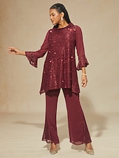  Mulheres Camisa de renda Túnica Top de emenda de renda Blusa Paetês Renda Frufru Elegante Diário senhoras Manga 3/4 Mangas Evasê Decote Canoa Gola Alta Tops longos Convidado do casamento Feriado Vinho