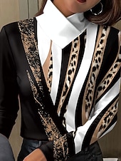 levne tričko umění a designu-Dámské Tričko Tisk Grafika Leopard Geometrický Elegantní Vinobraní stylové Dlouhý rukáv Stojáček Běžné topy Denní Vodní modrá Fialová Trávová zelená Khaki Jaro Podzim Zima