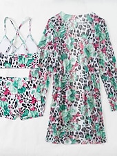 tanie 3-częściowy zestaw bikini-Kobiece bikini 3-częściowy strój kąpielowy szorty smukły bez pleców na wakacje plażowe ubranie kwiatowy dekolt V bez rękawów