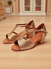 cheap Latin Shoes-Girls' Satin Latin Dance Shoes - Brown T-Strap Low Heel Ballroom Sandals for Kids and Teens Practice and Competitions