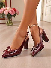 Χαμηλού Κόστους Σλινγκμπακ Πάμπς-Γυναικεία μπορντό ψηλοτάκουνα πέδιλα με slingback και φιόγκο - γόβες με μυτερή μύτη για γραφείο, ραντεβού και ειδικές περιστάσεις