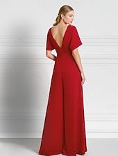 preiswerte Overalls für Mütter-Overalls Bodenlang Brautmutterkleid Kurzarm V Ausschnitt Elegant Einfach Hochzeitsgast Abschlussfeier Stretchstoff mit Einfarbig