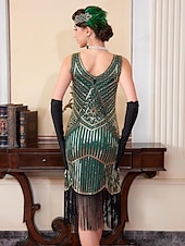 baratos Vestidos dos anos 1920-Conjunto Loucos anos 20 Anos 20 Até os Joelhos Vestidos Vestido melindroso Roupa com acessórios Sem Mangas O Grande Gatsby charleston Paetês Franjas Pena Decote V Fantasia Mulheres Carnaval Ano Novo