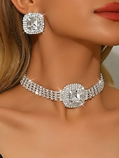 ieftine Colier de damă-Set de bijuterii din cristal pentru femei - colier tip choker cu strasuri strălucitoare și inele statement pentru petrecere, banchet de seară sau ocazii speciale