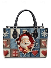 billiga Grafiska tryckväskor-Julväska för kvinnor - konstläder, designad med jultomte och snögubbe, presentväska för kvinnor, handväska för julen, perfekt för fester och vinterutflykter