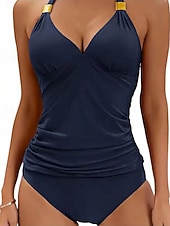 رخيصةأون مايوهات تانكيني-تانكيني نسائي مكون من قطعتين ملابس السباحة بكسرات ضيقة تحكم في البطن عالية الخصر ضيقة بدون ظهر ملابس شاطئ لعطلة بلون سادة رقبة هالتر بدون أكمام