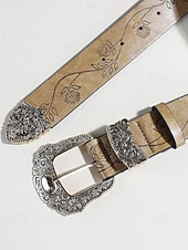 Χαμηλού Κόστους Γυναικεία ζώνη-Γυναικεία ζώνη από τεχνητό δέρμα σε μποέμ στιλ – περίπλοκο φλοράλ σχέδιο με μεταλλική αγκράφα, ιδανική για casual και καθημερινή χρήση.
