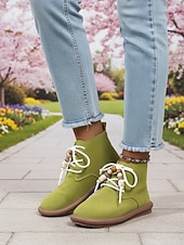 abordables Botines-Botines verdes de mujer con cordones de cuentas: botines chukka bohemios planos para caminar, viajar y lucir en primavera con estilo escolar.