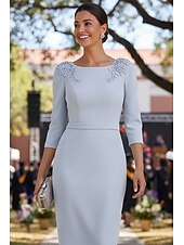 billiga Ankel längd-Åtsmitande Ankellång Festklänning Cocktail klänning Bröllopsgästklänning Klänning till brudens mor 3/4 ärm Rund hals Elegant Formell Stretch crepe med Applikationsbroderi Enfärgat