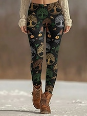  Dam Damasker Mysiga leggings Semester Vintage Etnisk Stil Fullängd Hög midja Grafisk Katt Tryck Bekväm Elastisk Ledigt Dagligen Semester Svart Gul Grön Mörkgrå Vår Höst Smal passform