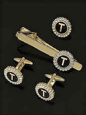 Недорогие Свадьба ACC-Комплект из мужского зажима для галстука, запонок и булавки для лацкана из сплава – элегантный черно-золотой дизайн с кристаллами, персонализированный 26 инициалами, идеальный подарок для официальных мероприятий и делового дресс-кода