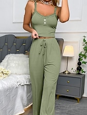 abordables Tops y pantalones de dormir para mujer-Mujer Conjunto pijama Casual Confort Color puro Cintura elástica Top de tirantes Pantalón Hogar Diario Sin Mangas Correas Azul Piscina Negro Rosa Azul Marino Verde Trébol Verano Primavera Otoño