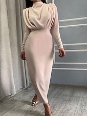 preiswerte schwarzes Maxikleid-Damen Midikleid schwarzes kleid Elegant Mode Modern Täglich Ausgehen Wochenende Normale Passform Einfach Langarm Hoher Ausschnitt Schwarz Rosa Wein Dunkelblau Frühling Herbst Winter