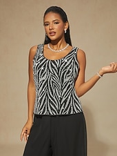  女性用 ドレッシーなトップス ツインセット スパンコール ラインストーン 動物 レオパード エレガント パーティー レディース 七分袖 スタンドカラー レギュラートップス パーティー パーティーイブニングウェア パーティー衣装 Sliver 春 秋 冬