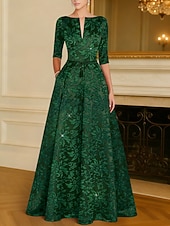 economico Abiti da sera a tubino-Linea ad A Lunghezza al pavimento Perline ricamate Abito Formale Abito da madre della sposa Abito da Sera Da principessa Abito formale Elegante Brillanti Mezza Manica Scollo a Barca Matrimonio Formale