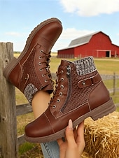 abordables Botas de combate-Botines marrones de mujer con cordones y detalles de punto – botas elegantes y duraderas para paseos al aire libre, trabajo y salidas informales.