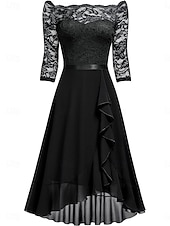 tanie Prosta sukienka-Damskie Sukienka midi Sukienka A line Sukienka z falbanami Elegancja Impreza koktajl Na zewnątrz Impreza Gość weselny Koronka Niejednolita całość Szczupła Jednokolorowe Rękaw 3/4 Z odsłoniętymi