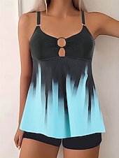 お買い得  タンキニ-ウィメンズ タンキニ 2ピース 水着 ショーツ お腹引き締め ハイウエスト スリム バックレス バケーション ビーチウェア グラデーション Uネック ノースリーブ 水着