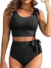abordables Conjuntos de bikini-Bikini de mujer de 2 piezas bragas delgadas espalda descubierta ropa de playa de vacaciones trajes de baño en color sólido de cuello U sin mangas