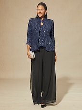 お買い得  レディースブラウススーツ-女性用 ブラウス ドレッシーなトップス ツインセット スパンコール レース ペーズリー エレガント パーティー 七分袖 スタンドカラー セミフォーマル フォーマルウェア カクテルの服装 ネイビーブルー 春 秋 冬