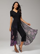 billige uformell kjole-damejumpsuit svart tencel chiffon gradient paneled imitert todelt flagrende gjennomsiktig stretch blomstertrykk v-hals fest ferie vår sommer
