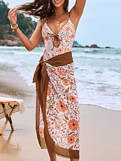 billige Onepiece badedrakter-Kvinners Én Bit Badedrakt Siksak Utskjæring med Skjørt Monokini Magekontroll Høy Midje Slank Ryggløs Ferie Strandantrekk Blomstret V Hals Ermeløse Badedrakter