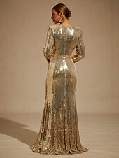 cheap Sequin Dresses-Women's Maxi Dress Floor Length Dress Trumpet Mermaid Dress Elegant Party Evening Party Cocktail Party Sequins Beaded Regular Fit Solid Color Long Sleeve Crew Neck Gold Spring Fall Winter