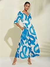Недорогие повседневное платье-атласное синее платье макси с принтом мазков кисти для повседневного отпуска и путешествий