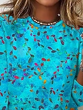 tanie koszulka w kwiaty-Damskie Podkoszulek Nadruk Kwiaty Graficzny Zabytkowe Elegancki Klasyczny Długi rękaw Półgolf Zwykłe topy Codzienny Weekend Niebieski Wiosna Jesień Zima