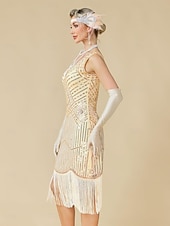baratos Vestidos dos anos 1920-Conjunto Loucos anos 20 Anos 20 Até os Joelhos Vestidos Vestido melindroso Roupa com acessórios Sem Mangas O Grande Gatsby charleston Paetês Franjas Pena Decote V Fantasia Mulheres Carnaval Ano Novo