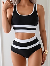 abordables Tankinis-Tankini femme 2 pièces maillot de bain culottes colorblock contrôle du ventre taille haute slim sans dos vêtements de plage de vacances rayé en U sans manches