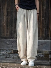 voordelige Damesbroeken en rokken-Dames Imitatie katoenlinnen Broek Zomerbroek Wijde broek Vakantie Vintage Etnische stijl Volledige lengte Hoge taille Inelastisch Strand Straat Causaal Bean Green Ruwe hennep kleur Zwart Marineblauw