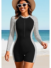 baratos Rash Guards de Uma Peça-Mulheres Anti Atrito Maiô de surfe de uma peça Roupa de banho Geométrica Riscas Bloqueio de cores Zip Up Com sutiã embutido Bojo Removível Proteção Solar UV UPF50+ Ultra Leve (UL) Manga Longa Roupa