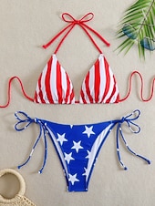  Γυναικείο Μπικίνι 2 τεμαχίων Μαγιό Colorblock Thong Αδυνατιστικό Χωρίς Πλάτη Καλοκαιρινές Διακοπές Παραλία Σημαία Γεωμετρικό Halter Λαιμό Αμάνικο Μαγιό